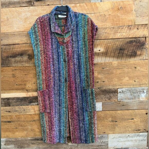 ELIZABETH JENKINS large 3 button Hand woven textiles OSFM sleeveless cardigan